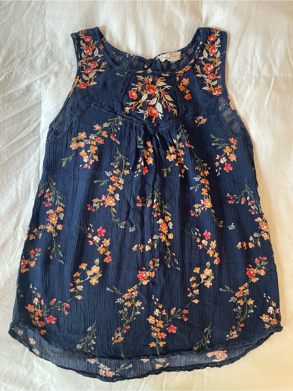 Navy Floral Embroidered Sleeveless Tank Top